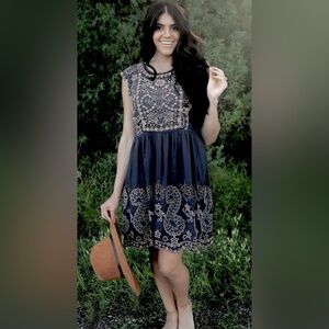 Anthro Virginia & Vanessa Putomayo
Embellished & A-line Shift Dress, Navy, Sz S.
